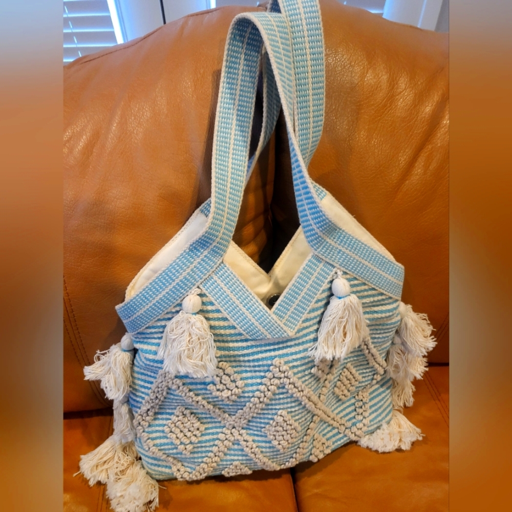 Teal and White Woven Tote Bag
